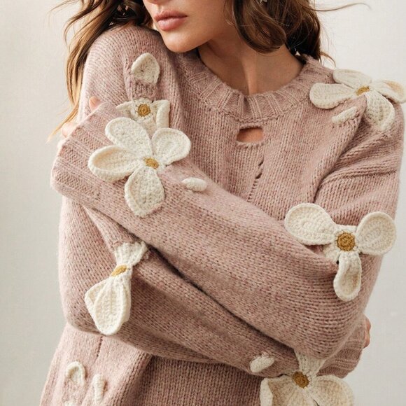 Camel Casual Women's Hand-Crocheted 3D Floral Round Neck Sweater - Picture 1 of 7